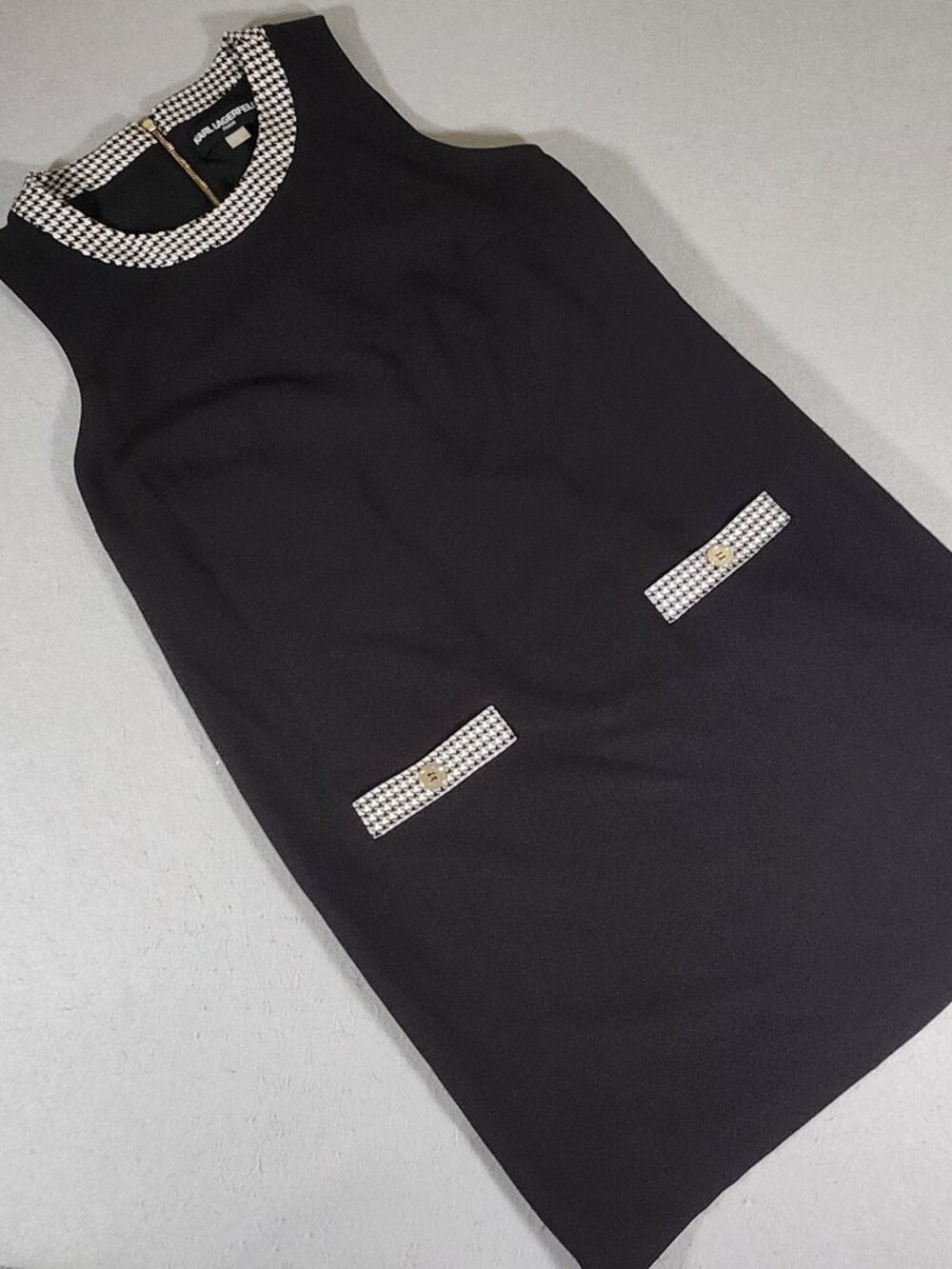 Karl Lagerfeld Sleeveless Black Shift Dress w/ Neckline Houndstooth Trim Size 12